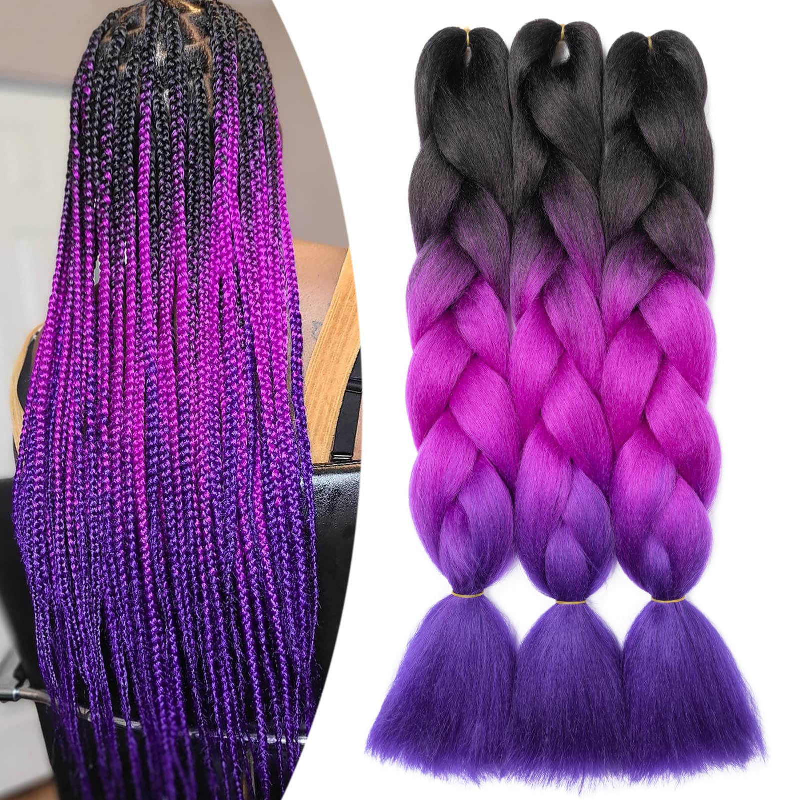 Gairyan Jumbo Braiding Hair Extensions 24" 3PCS 300g Ombre Jumbo Braids Hair Extensions Synthetic Coloured Hair for Braiding Extensions Afro Box Braids Crochet Twist, Black to Fuchsia to Purple โ image 1