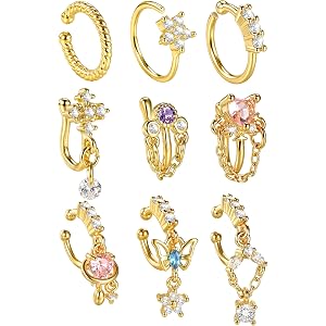 Aumeo 9PCS Fake Nose Rings Set for Women Men, Non Piercing Nose Hoop Rings, Clip On Faux Nose Piercing Jewelry, Fake Septum R