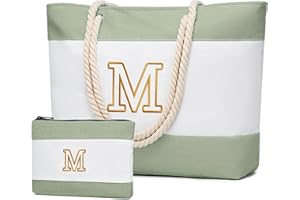 Becokan Initial Beach Bag Waterproof Canvas Beach Tote Bag Zipper Personalized Gifts for Women Her Birthday Travel Essentials