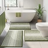 BSICPRO Bathroom Rugs Sets 3 Piece, Toilet Rugs U-Shaped Contour Bath Mat Set, Striped Absorbent Non Slip Chenille Shower Mat, Sage
