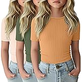 LessonZoo 3 Pack Girls Short Sleeve Tops Ribbed Knit Crew Neck Shirts Basic Solid Tees Slim Fit Casual T-Shirt Size 5-14