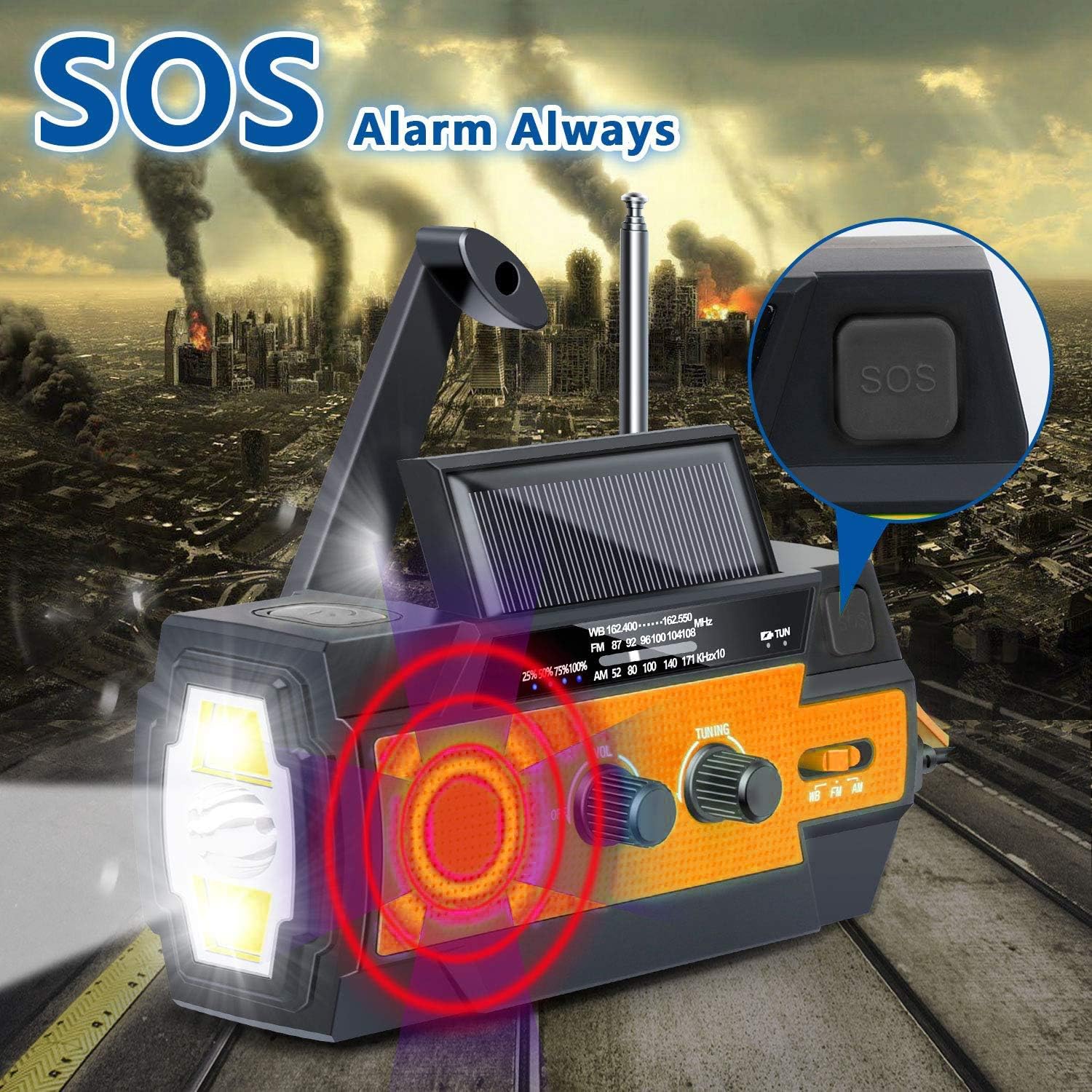 2020 Newest Emergency Crank Radio，4000mAh-Solar Hand Crank Portable AM/FM/NOAA Weather Radio with 1W Flashlight & Motion Sensor Reading Lamp，Cell Phone Charger,SOS Alarm for Home and Emergency(Orange): Home Audio & Theater