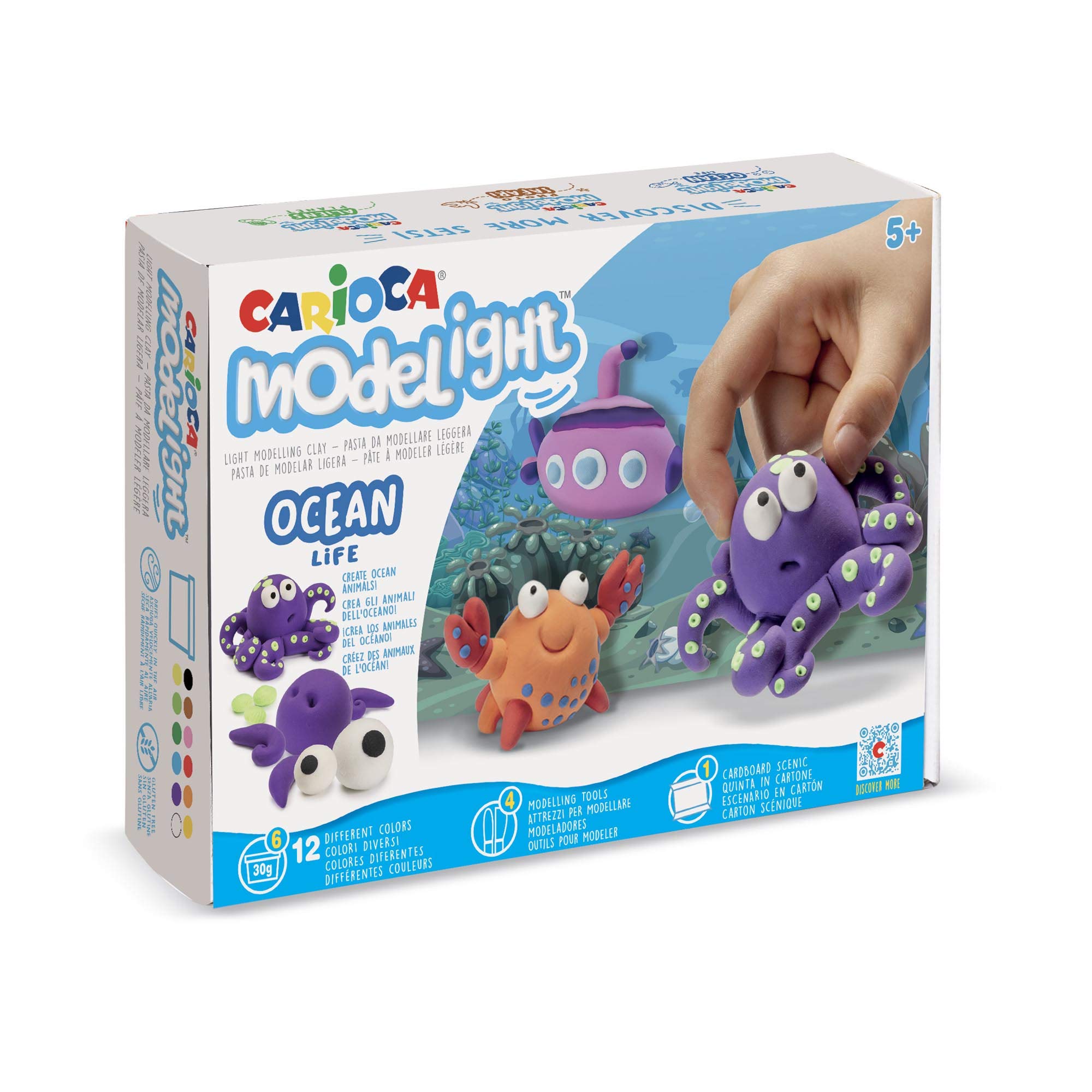 CARIOCA Modelight Maxi Ocean | Ultra Light Modelling Clay for Kids, Maxi Play Dough Box of Soft and Elastic Air Dry Clay 5+ Years, 12 Assorted Colours, Modelling Tools and Tutorials Included, 180 g