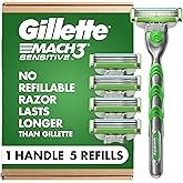 Gillette Mach3 Sensitive Razors for Men, 1 Handle, 5 Blade Refills, Designed for Sensitive Skin