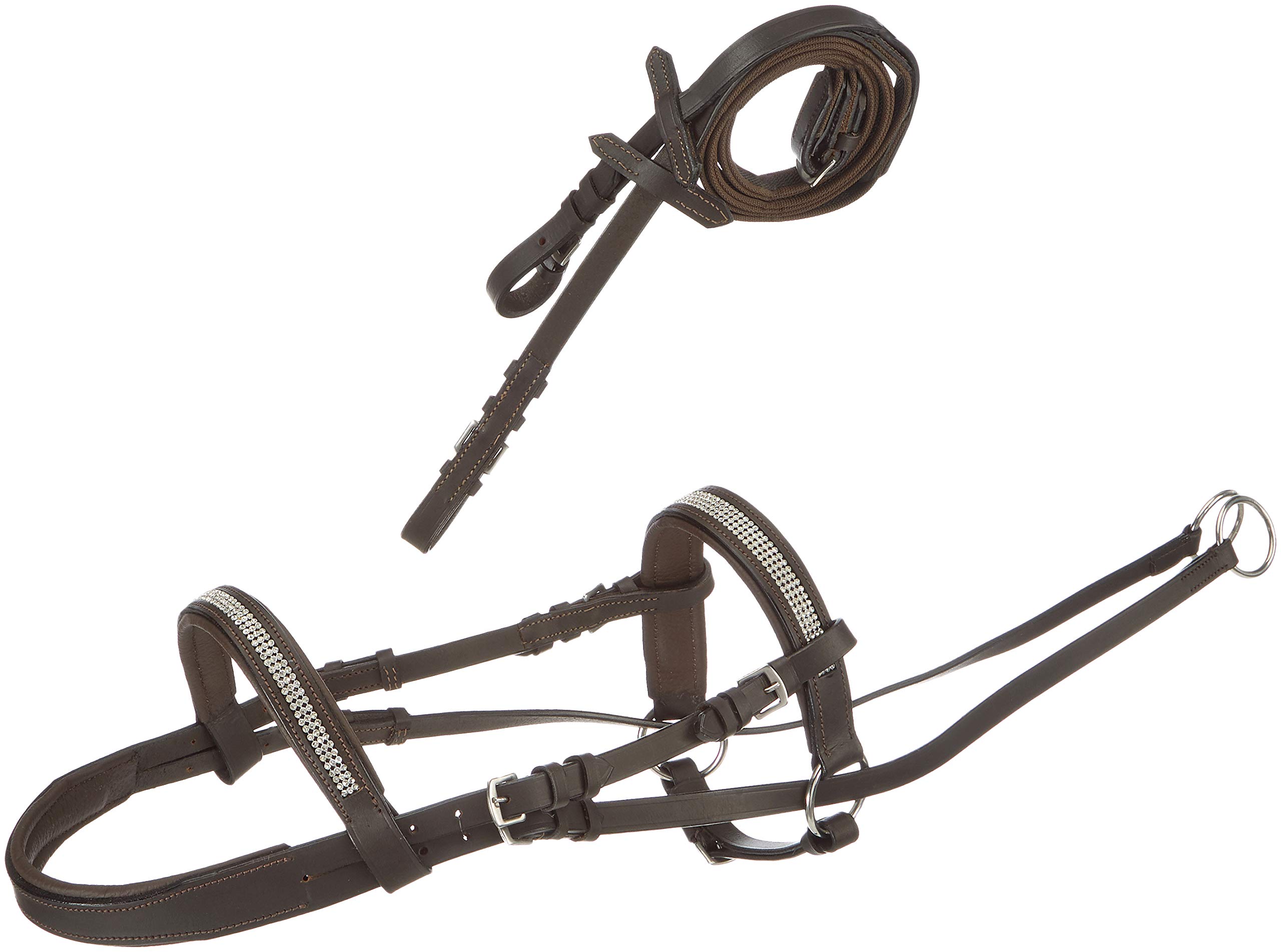 Cwell Equine New Crystal Detail Cross Over Bitless Leather Bridle web grip reins BLACK/BROWN Choice of Sizes (BROWN, COB)