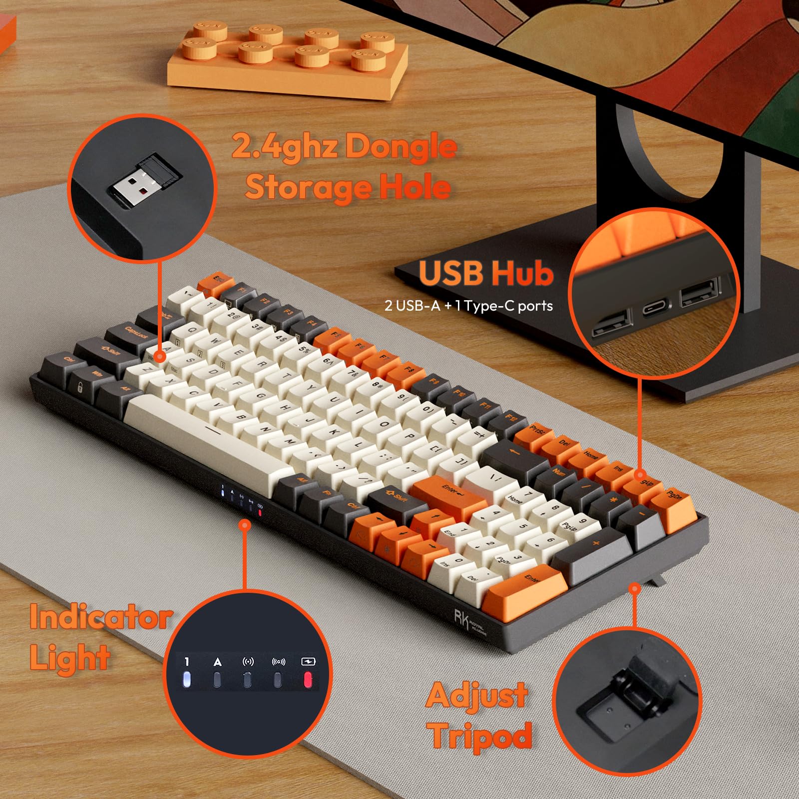 RK ROYAL KLUDGE RK100 Wireless Mechanical Keyboard RGB Backlit Bluetooth5.1/2.4G/Wired 96% Full Size 100-Key Hot Swappable Gaming Keyboard Blue Switch Carbon