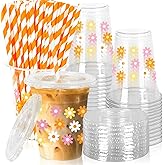 JarThenaAMCS 50Pcs Groovy Daisy Plastic Cups with Lids and Straws Retro Hippie Boho Flower Clear Plastic Cups 12oz Disposable Cups for Groovy Party Supplies