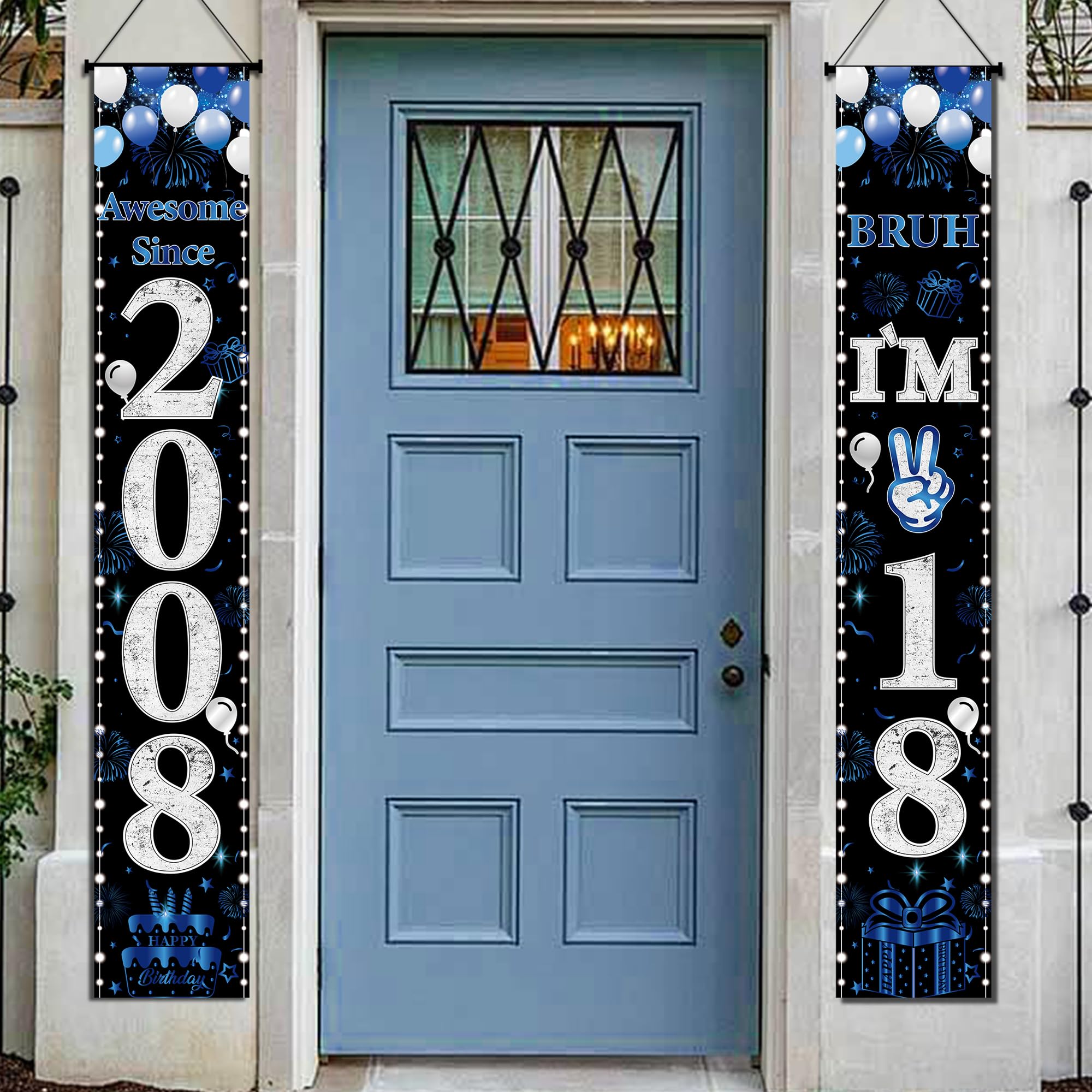 18th Birthday Decorations Door Banner - 2 Pcs Blue Awesome Since 2008 Bruh I'm 18 Happy Birthday Party Banners Porch Sign for Girls Boys Party Background Decor Supplies, 180 × 30 cm