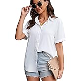 YAMANMAN Women's Button Down Shirt Short Sleeve Collared Shirts Work Office Chiffon Blouse