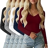 Sweetyweee 5 Pack Long Sleeve V Neck T Shirts for Women, Cotton Slim Fitted Shirt Casual Tight Basic Tee Tops for Layering