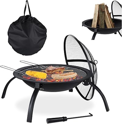 Relaxdays XL Fire Pit 56.5cm with Grate, Poker, Spark Screen & Bag