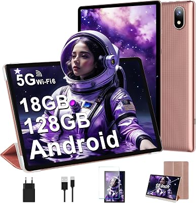 Tablet 10 Pollici Android con 18GB RAM + 128GB ROM(TF 1TB), HD Tablet con 5G Wi-Fi 6, Widevine L1, Octa-Core 1.8 GHz, USB-C, BT 5.0, 6000mAh,Custodia, Oro Rosa