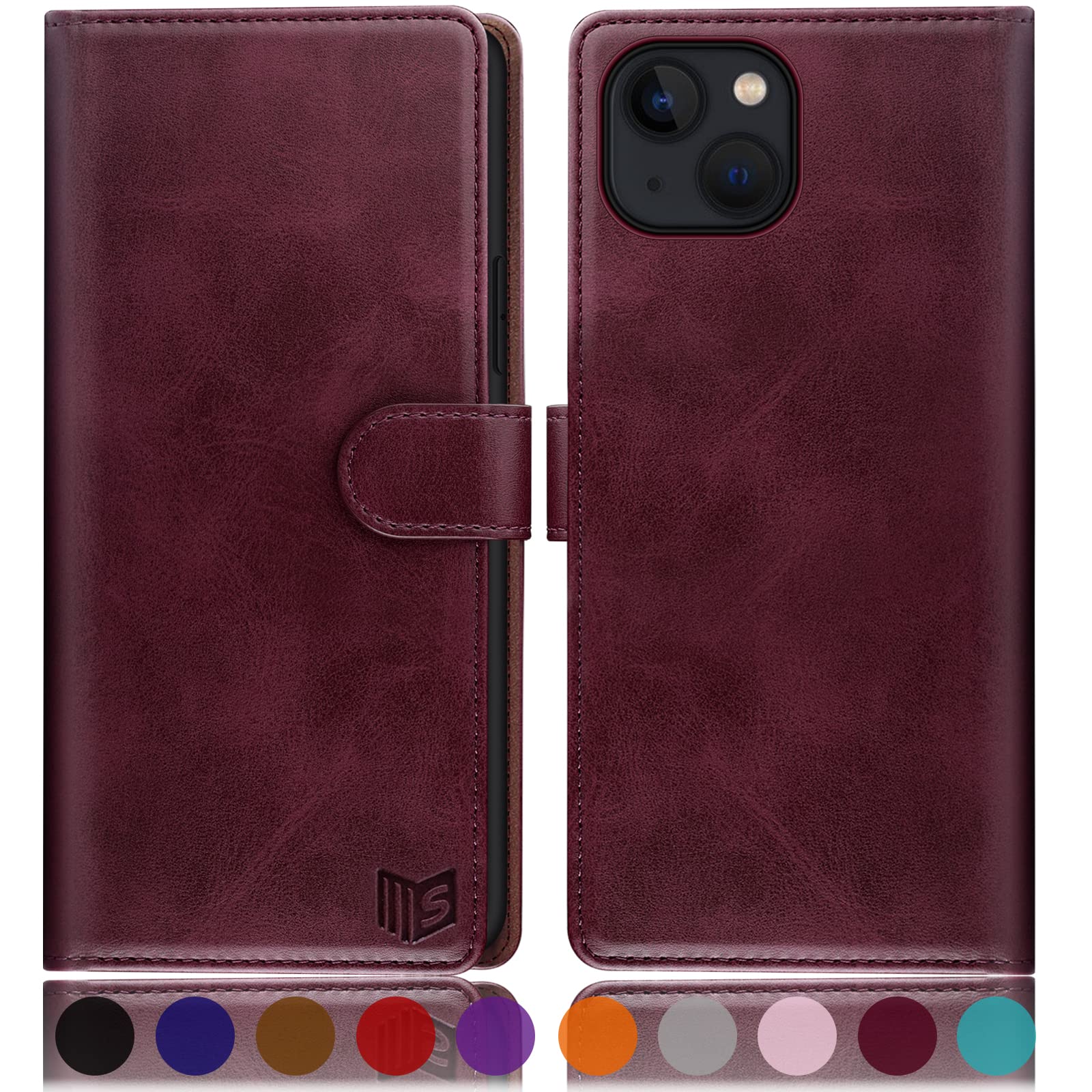 SUANPOT for iPhone 14 6.1 inch case with [Credit Card Holder][RFID Blocking],PU Leather Flip Book Protective Cover Women Men for Apple 14 Phone case Wine Red