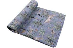 Rajasthaniartdecor Indian Traditional Vintage Multi Color Pure Cotton Fabric Handmade Kantha Quilt Bed Cover Throw Animal Printed Kantha Quilts (Gray, Twin 60x90 Inch)