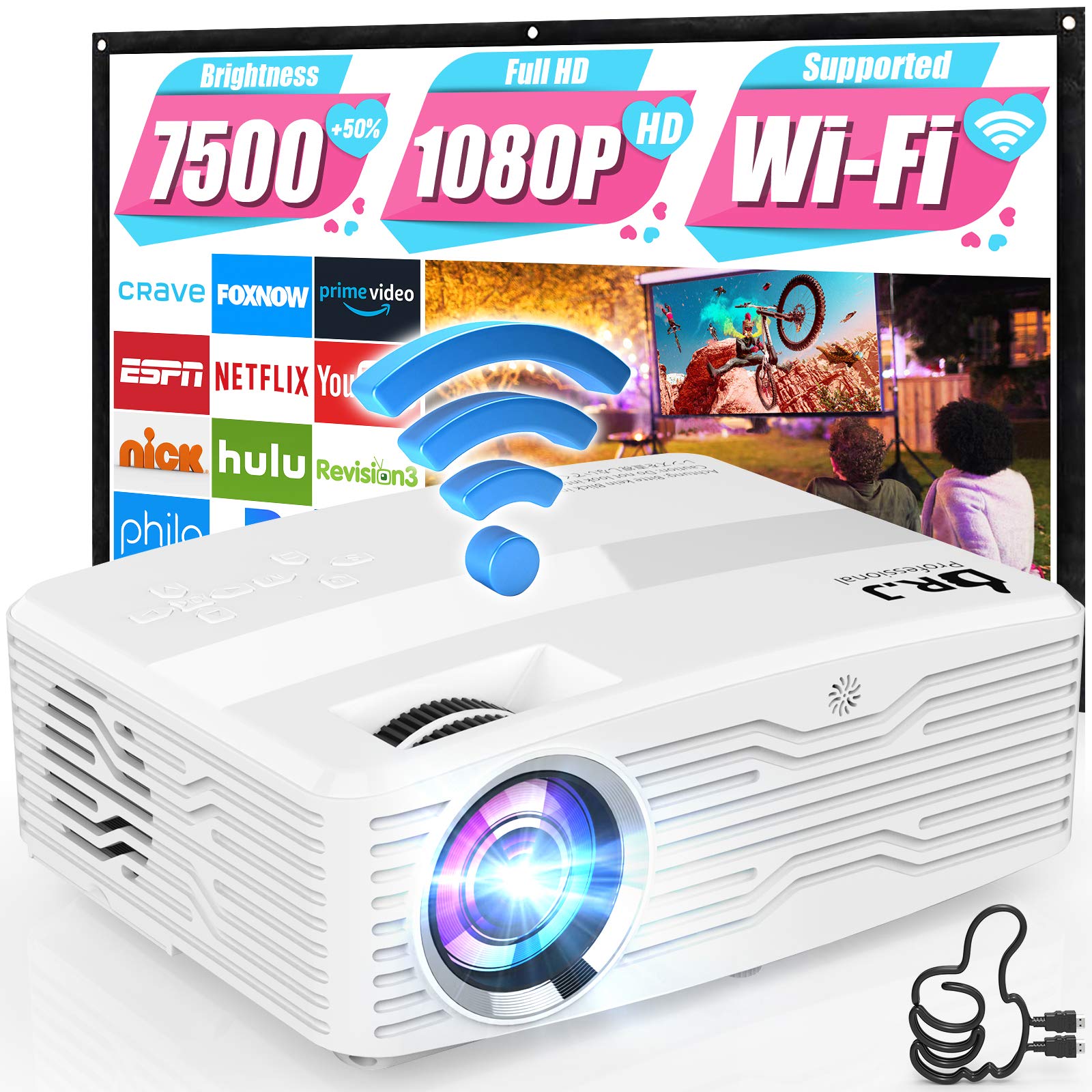 5G WiFi Projector, Full HD Native 1080P 4K Projector 7500Lumens LCD Projector for Outdoor Movies, Wireless Mirroring/4K/Smartphone/TV Stick/HDMI/USB Supported [120" Projector Screen Included]