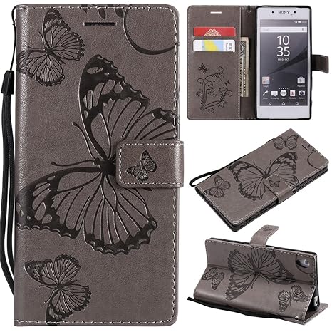 Hozor Sony Xperia Z5 Handyhülle, Retro Großer Schmetterling Muster PU Kunstleder Ledercase Brieftasche Kartenfächer Schutzhül