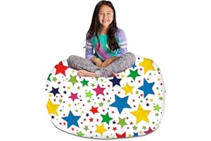 POSH CREATIONS Posh Stuffable Kids Stuffed Animal Storage Bean Bag Chair Cover - Childrens Toy Organizer, X-Large-48 - Canvas Stars Bright Multi-Colored