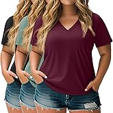 Neer 3 Pack Women's Plus Size T Shirts Short Sleeve V Neck Tops Solid Flat Hem Basic Loose Causal Tees(Black, Gray Green, Burgundy Red,X-Large)