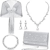 Tiamon 5 Pcs Rhinestone Jewelry Sets Shawls and Wraps Formal Clutch Purses for Women Evening Dresses Valentine's Day Bridal Weddings