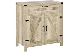 HOMCOM Sideboard Buffet Cabinet, Farmhouse Kitchen Storage Cabinet with Rustic Barn Door and Drawer, Oak
