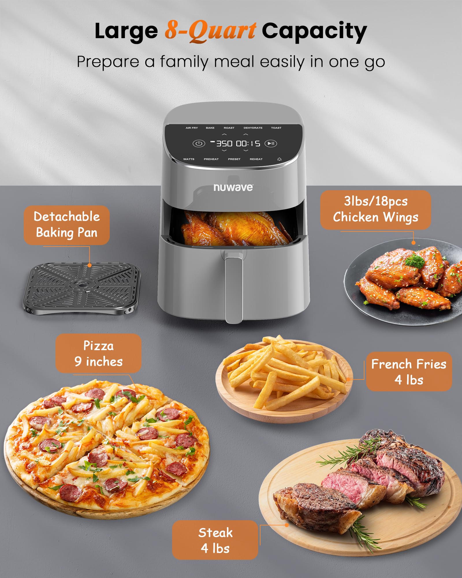 Freidora de aire Nuwave Brio Plus de 8 cuartos, nueva y mejorada, SIN PFAS, 7 funciones digitales de cocción con un solo toque que FREÍR AL AIRE, HORNEAR, ASAR, DESHIDRATAR, TOSTAR, RECALENTAR, PRECALENTAR, 150 ajustes preestablecidos, 50 °F ~ 400 °F (gris frío)
