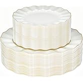 QualQuot 120PCS Ivory White Plastic Plates, Heavy Duty Disposable Party Plate with Gold Rim, Fancy 60 Dinner & 60 Dessert Plates for Parties and Wedding