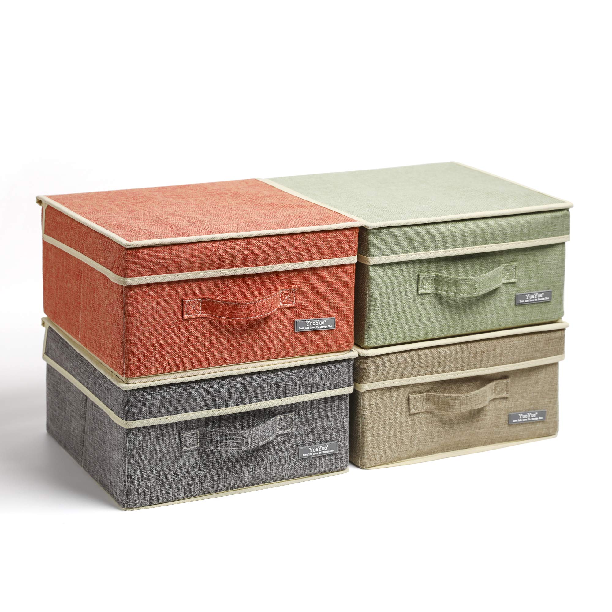 YueYue 4 Pack Fabric Stroage Box with Lids, Linen Foldable Stroage Box with lids 4 Color Set 12.4in/12in/6.7in
