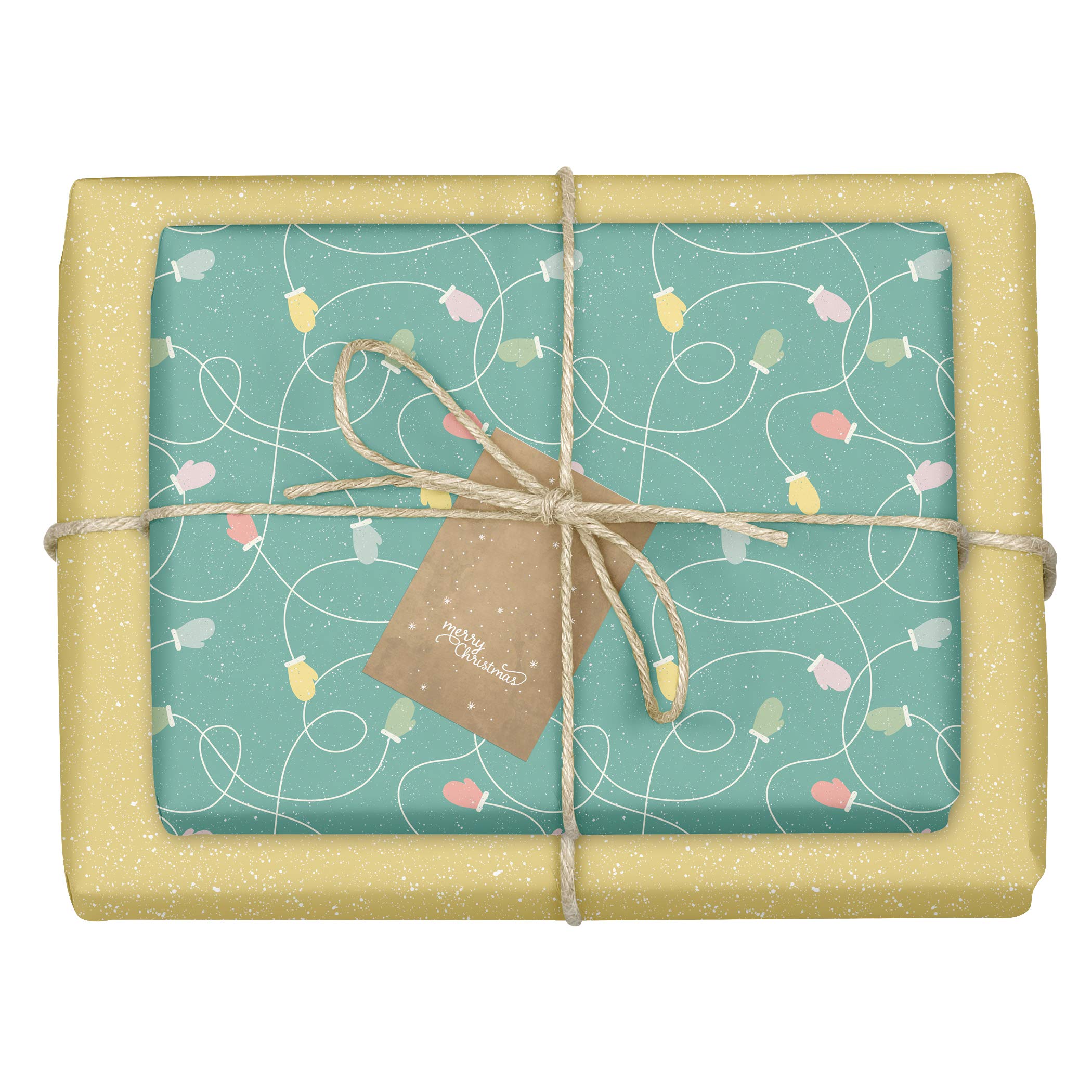 dabelino Christmas Wrapping Paper "Gloves/Dots - Green, Yellow": 4 x Sheets + 4 x Tags Set (Children, Adults, Environmentally Friendly) | Double-sided Christmas Wrapping Paper