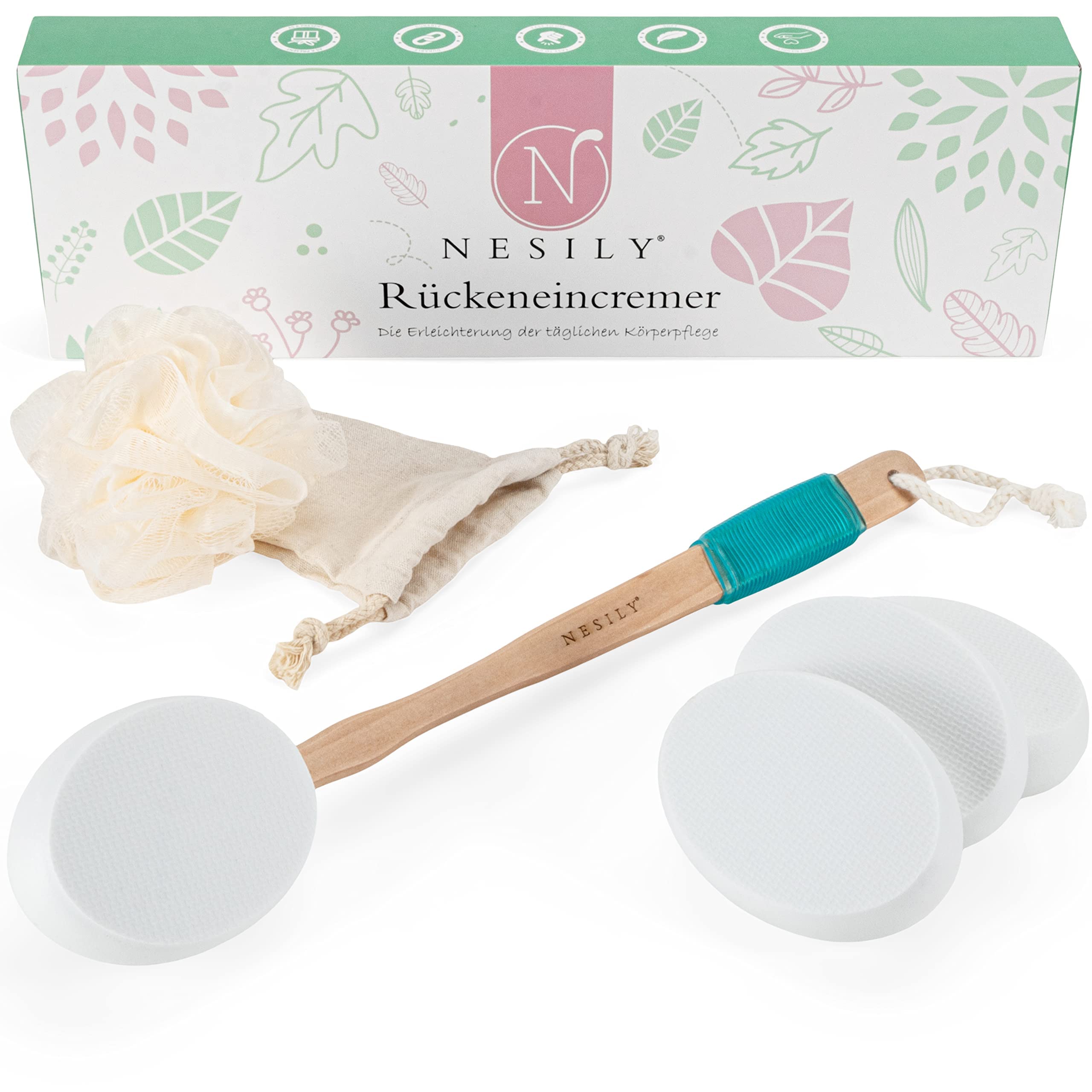 NESILY® Cream Aid for Back | 4 x Pads | 39 cm Long Wooden Handle | Ideal for Yourself | Back Cream Aid