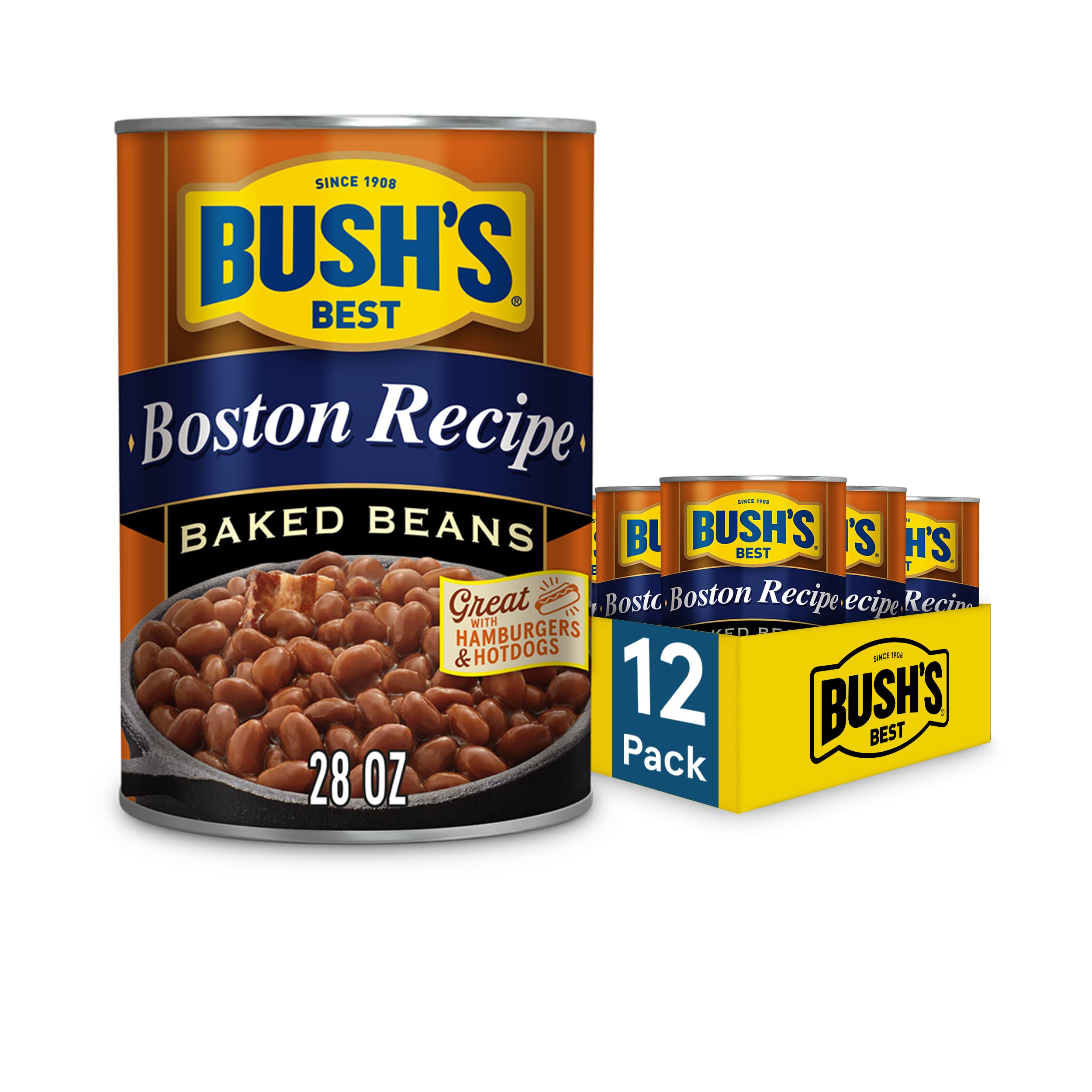 BUSH’S BEST Canned Boston Recipe Baked Beans (Pack of 12), Source of Plant Based Protein and Fiber, Low Fat, Gluten Free, 28 oz