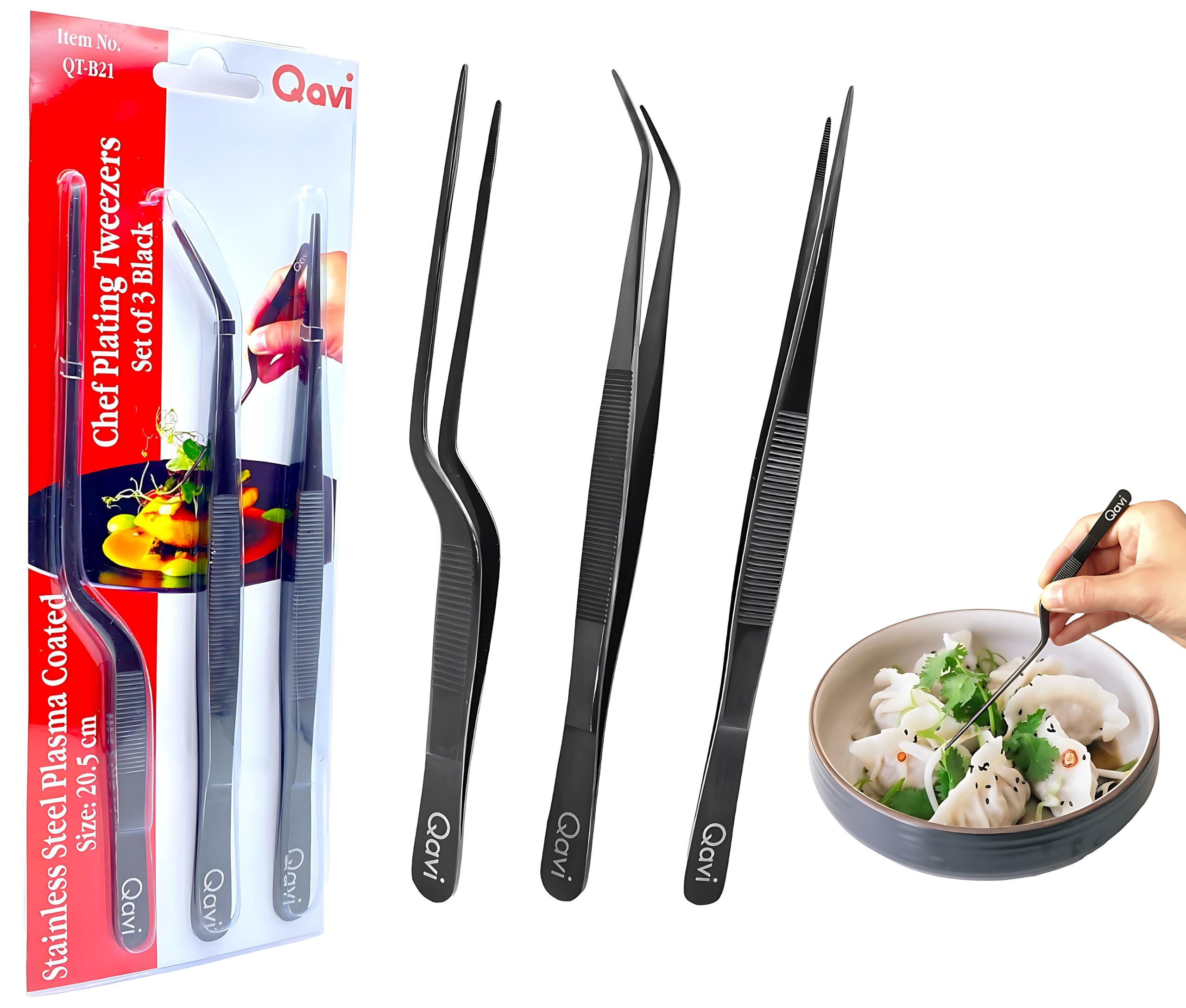 Professional Chef Plating Tweezers, 8-Inches Set of 3 (Straight, Curved and Offset), Precision Culinary Tongs, Hand Made from High-Grade Stainless Steel Plasma Coated | 20.5cm Black