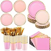 Kochorie 140 PCS Pink Plates and Napkins Party Supplies for 20 Guests Disposable Light Pink Paper Plates Set Includes Pink Scalloped Plates Napkins Cup Cutlery Set for Baby Shower Birthday Wedding
