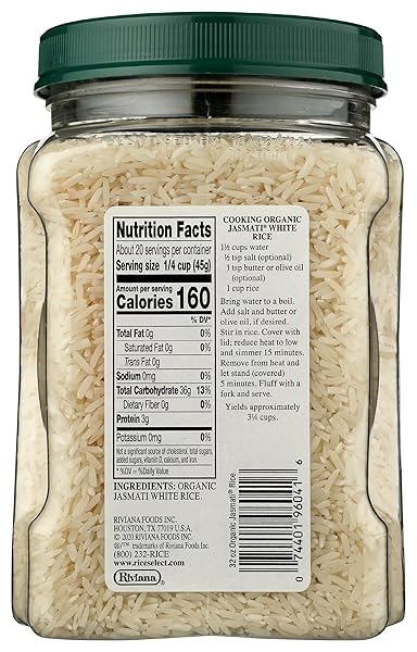 RICESELECT JASMATI ORGANIC RICE, LONG-GRAIN ORGANIC JASMINE RICE, PREMIUM GLUTEN-FREE RICE, NON-GMO, 32-OUNCE JAR