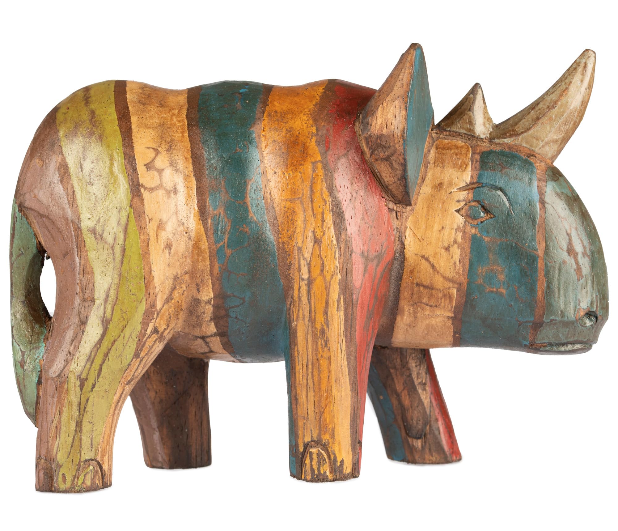 Hand Carved and Painted Wooden Rhino in a Rustic Style