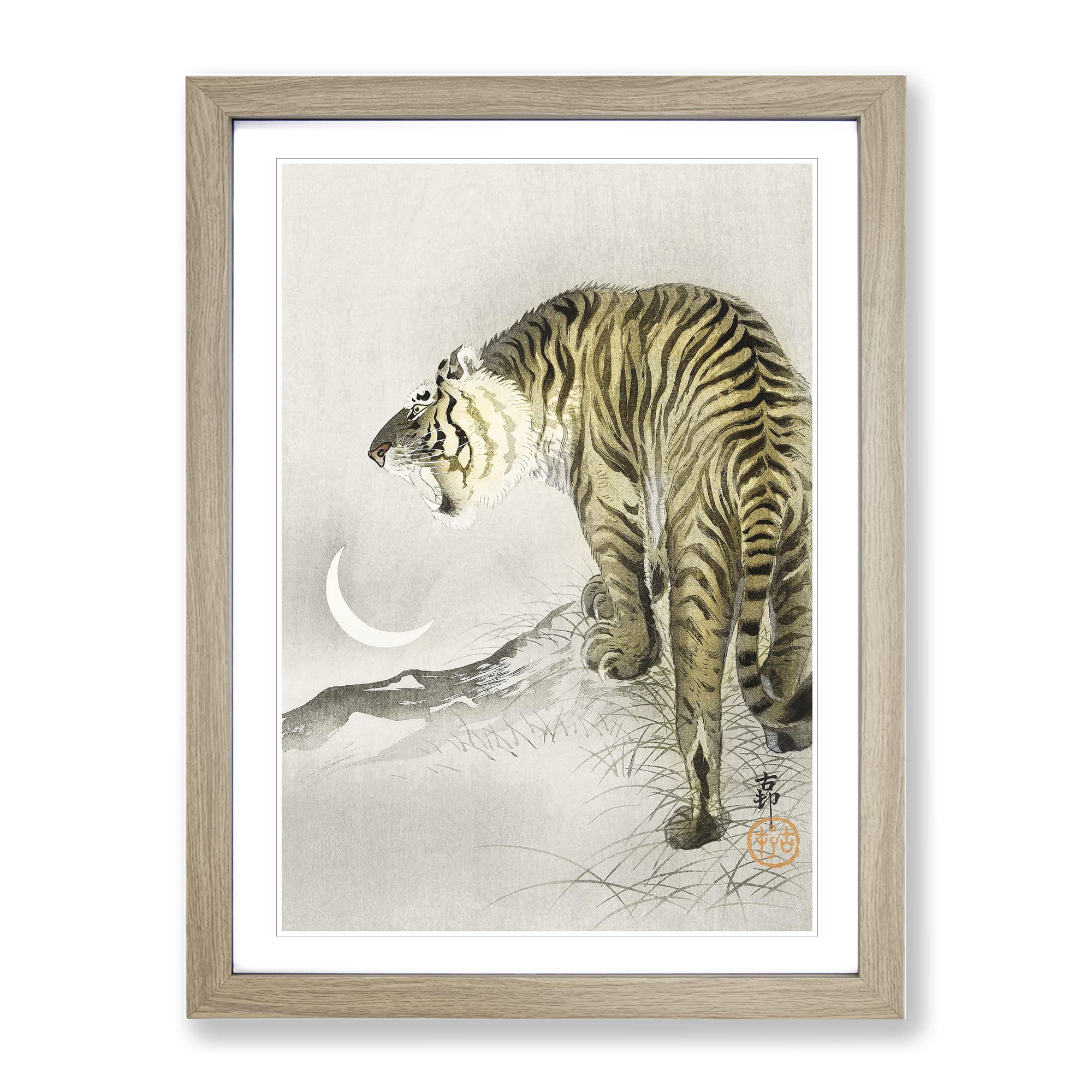 Roaring Tiger By Ohara Koson Asian Japanese Framed Wall Art Print, Ready to Hang Picture for Living Room Bedroom Home Office Décor, Oak A4 (34 x 25 cm)