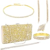 Women Jewelry Set Sparkly Rhinestone Choker Necklace Earrings Bracelets Bling Glitter Clutch Purse Accessories for Women Bride Wedding Bridal Bridesmaid Evening Party Prom