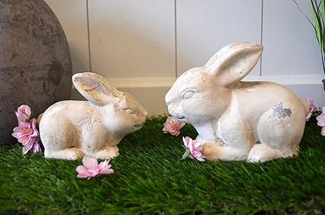 HKT Home Deco Osterdeko Hase aus Keramik, Osterhase, 2 STÜCK, 2er SET !!!!, sitzend, creme, antik, rustikal, Ostern Tischdeko