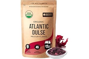 NUMAMI Organic Atlantic Dulse Flakes Young Seaweed Grown in North Atlantic, Vacuum Dried Premium Quality. Soft Texture & Mild Taste. Add 1 tsp to your dish for daily vitamins/minerals. 45 Servings (1 Oz)