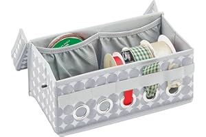mDesign Gift-Wrapping Ribbon Storage Box with Handles - Holiday Bow Organizer Container with Lid - Christmas Giftwrap Ribbon Holder - Gift Storage Tote Bin and Bow Station with Polka Dots - Gray