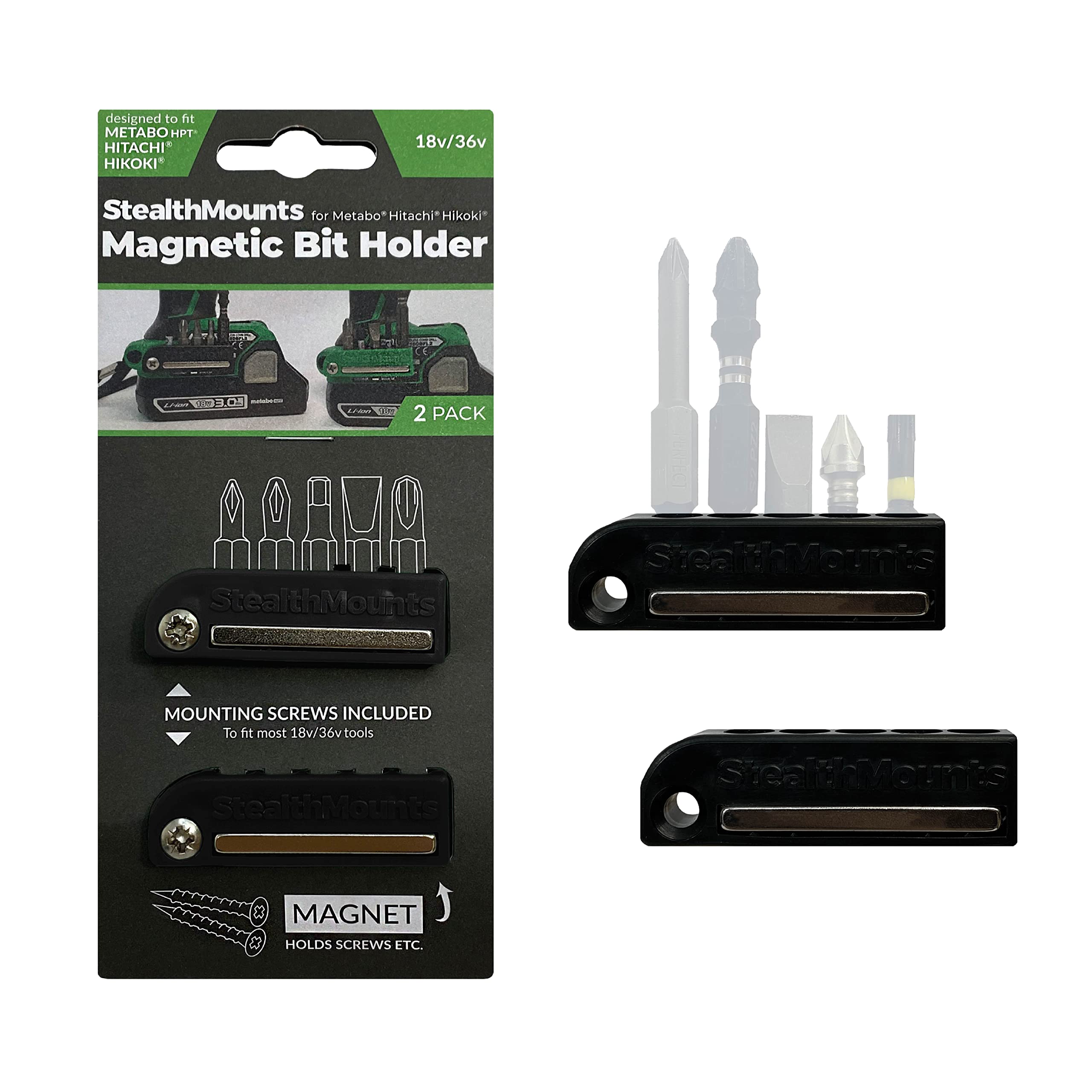 StealthMounts Black Magnetic Bit Holder | Drill Bit Organiser compatible with Metabo HTP/Hitachi/Hikoki 18v & 36v Drills and Impacts (2 Pack)| Made in UK