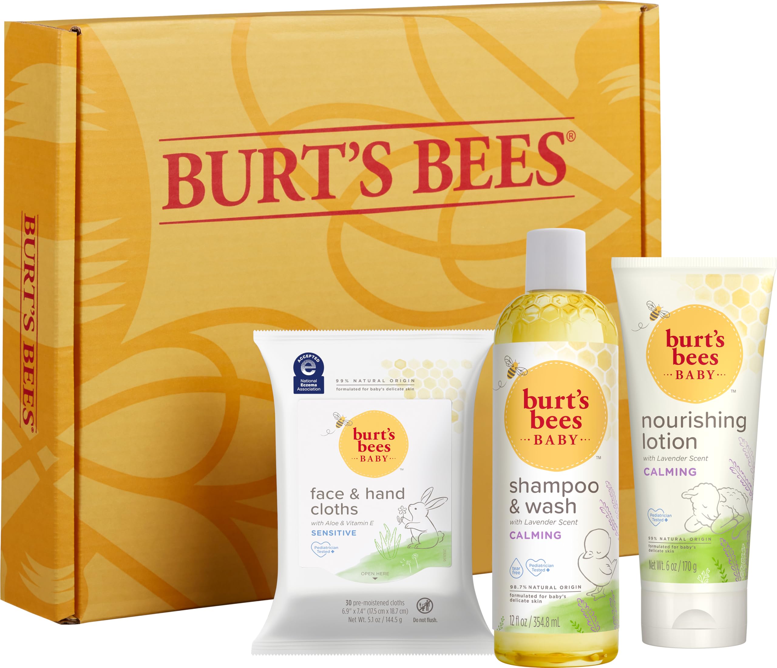 Burt's Bees Baby Gift Set for Baby Showers, Includes Baby Essentials, Shampoo and Wash with Lavender, Body Lotion, Wipes and Cloths, Naturally-Derived Origin Skincare, 3 Count