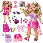 18 Inch Girl Doll Clothes and Makeup Accessories Playset, Included 2 Sets Doll Clothes, Gauze Skirt, Sunglasses, Belt, Stickers, Hair Clips, Bracelets, Eyeshadow, Lipstick, Blush (No Dolls and Shoes)