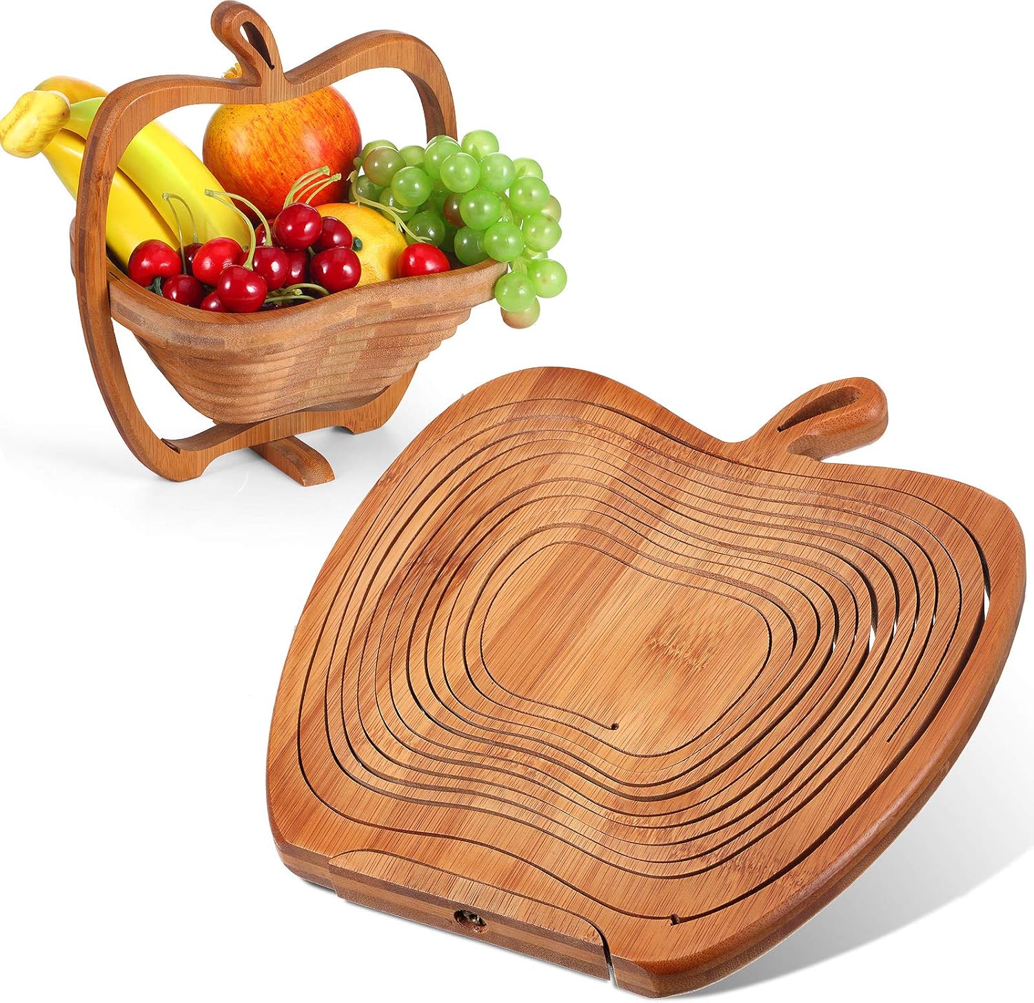 9 x 8.5 Inches Collapsible Bamboo Fruit Basket Dried Fruit Basket Tray Turns into Basket Wooden Snack Box Holiday Food Tray Fruit Bowl Holder for Kitchen Table