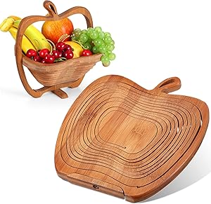 9 x 8.5 Inches Collapsible Bamboo Fruit Basket Dried Fruit Basket Tray Turns into Basket Wooden Snack Box Holiday Food Tray Fruit Bowl Holder for Kitchen Table