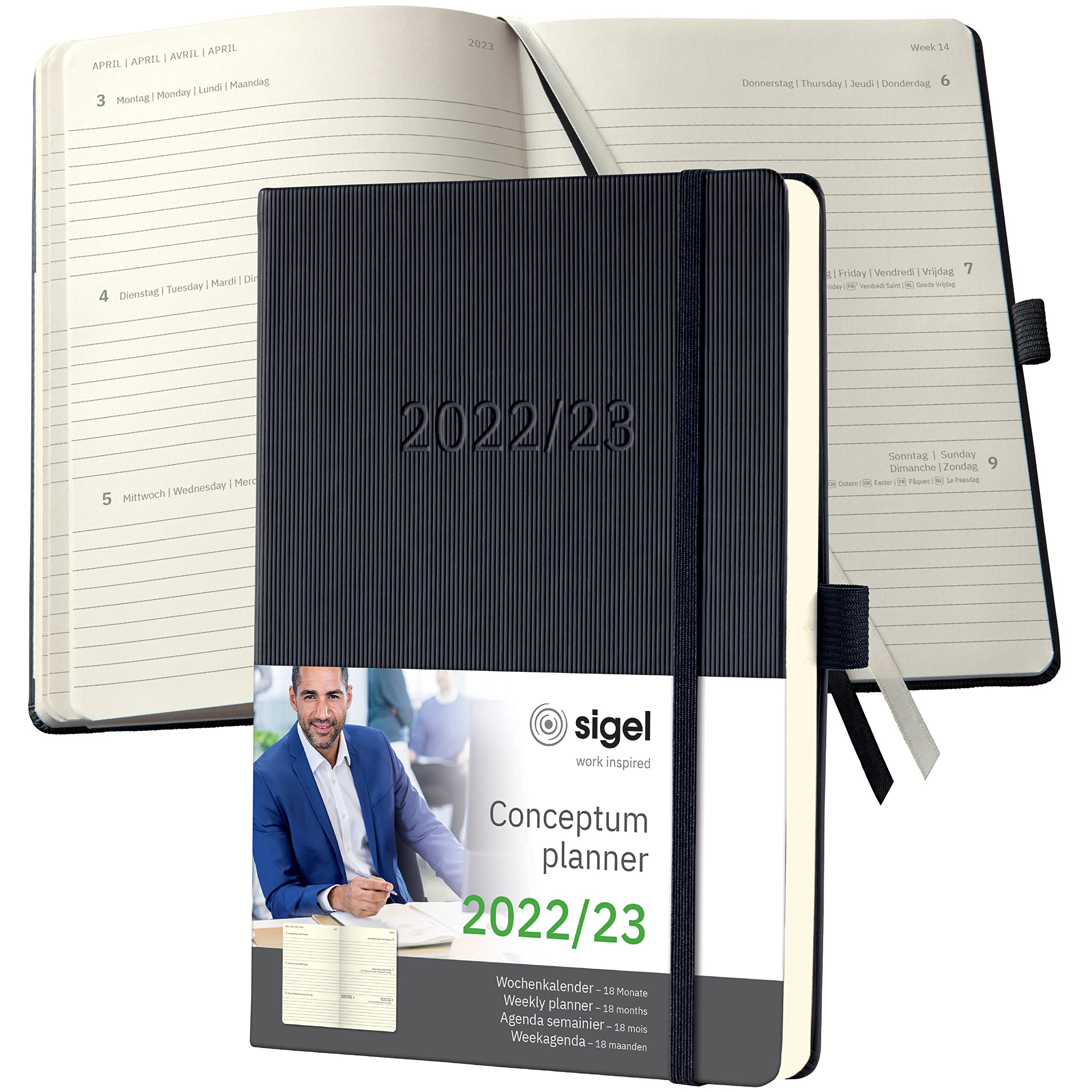 SIGEL C2301 Weekly planner Conceptum 2022/2023 - approx. A5 - black - hardcover - 18-month calendar, 2 pages = 1 week - 256 S.