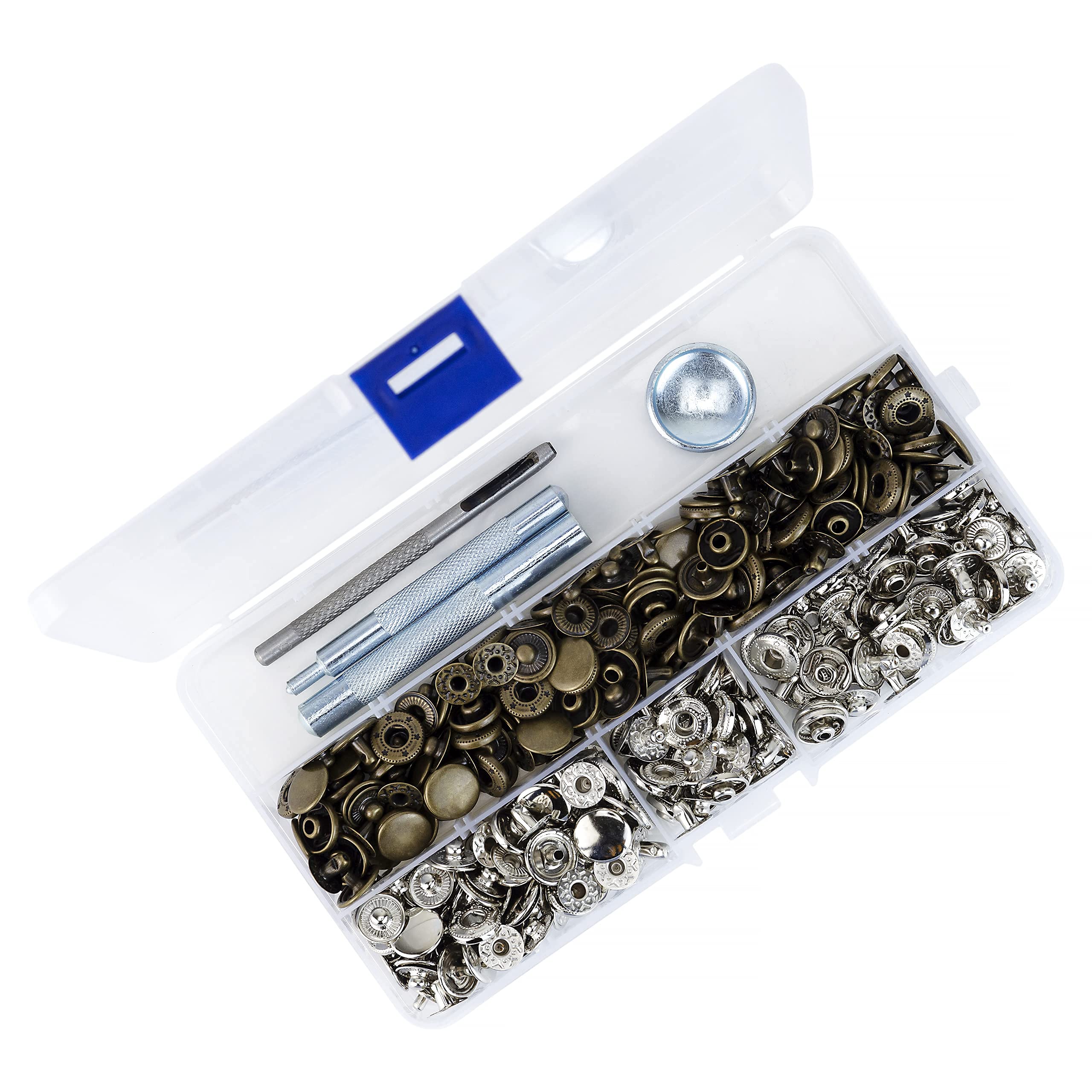 Trimming Shop 100pcs Snap Fasteners Kit, 12mm S Spring Press Studs No-Sew Metal Snaps Buttons Set with Fixing Tools for Sewing Clothing Leather Jacket DIY Crafts (50pcs Silver + 50pcs Bronze)