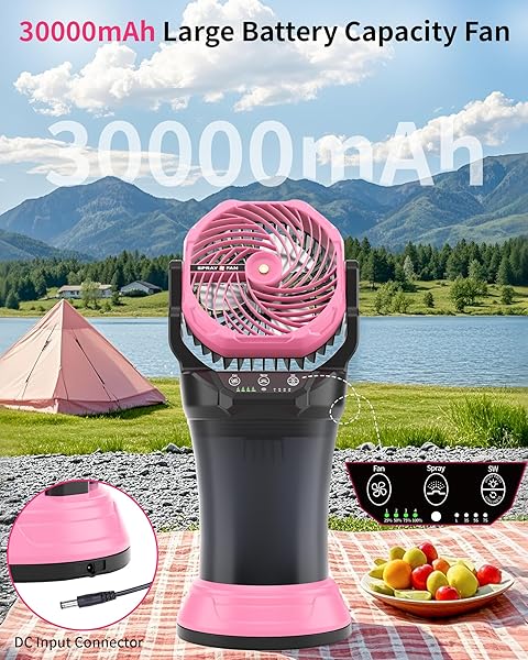 TDLOL 30000MAH MISTING FAN PORTABLE BATTERY POWERED FAN WITH 2L WATER TANK,PORTABLE MIST COOLING FANS FOR OUTDOOR CAMPING TENT TRAVEL-120°AUTO OSCILLATING,4 WIND SPEEDS & SPRAY MODES,RGB LIGHT PINK