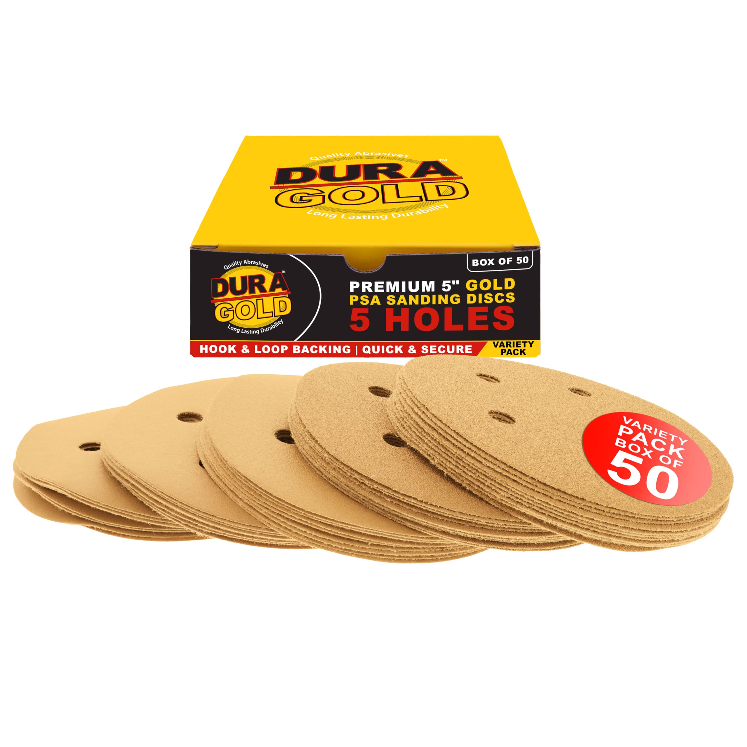 Dura-Gold - Premium - Variety Pack - 5" Gold Sanding Discs - 5-Hole Dustless Hook and Loop for DA Sander - Box of 50 Finishing Sandpaper Discs for Woodworking or Automotive