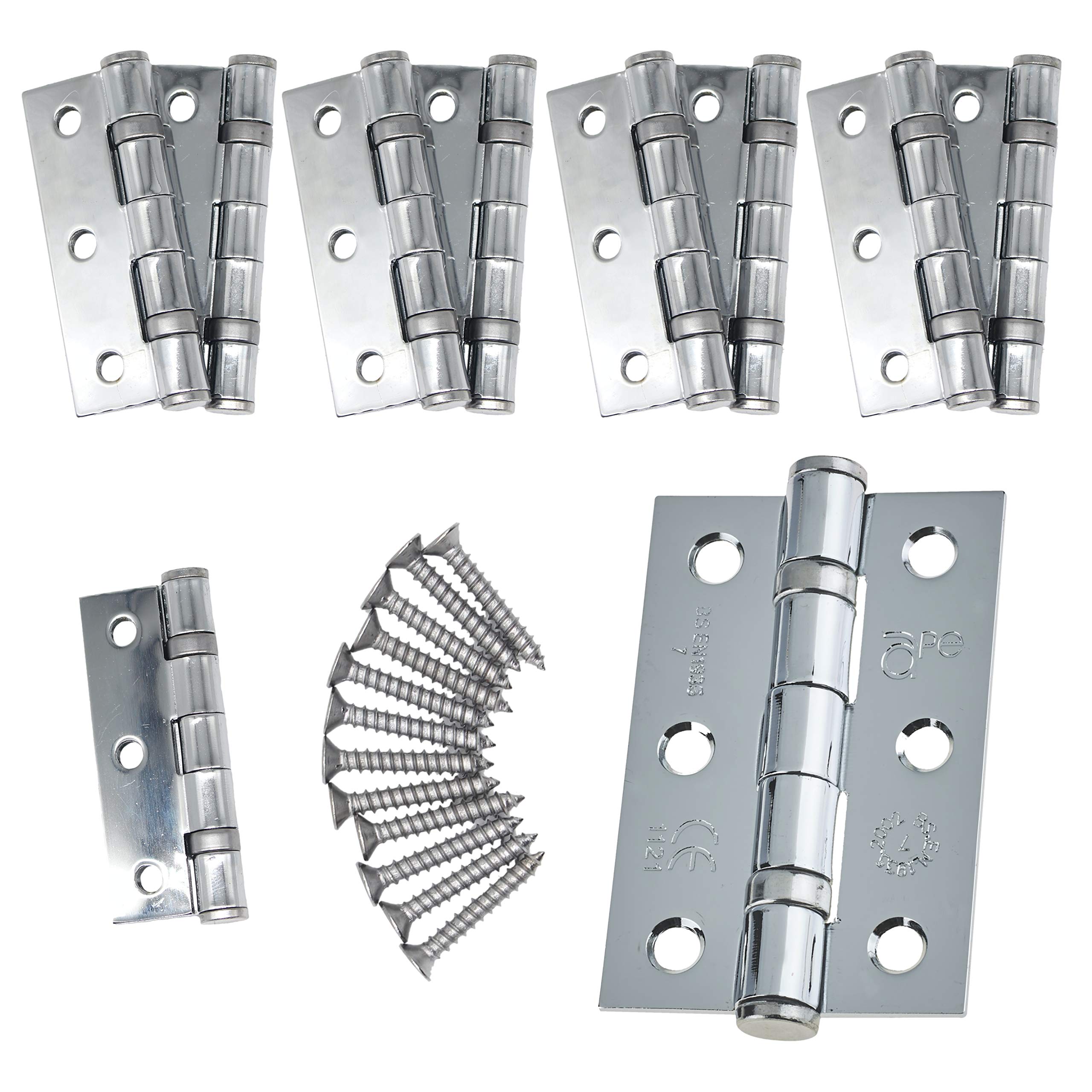 Door Hinges 3" 76mm Ball Bearing 5 Pair Pack [10 Hinges & Screws] Polished Chrome