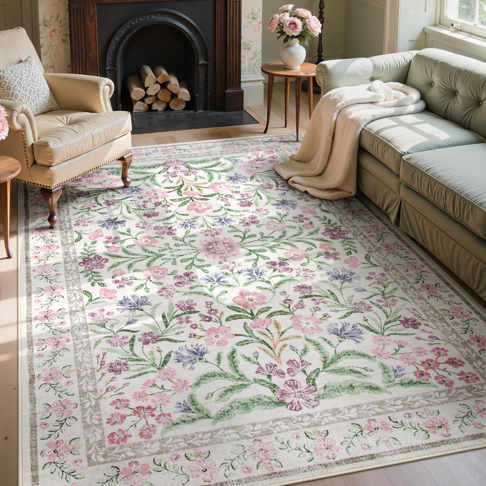 Wonnitar Floral Purple Rug for Bedroom, Washable 5x7 Area Rugs for Dorm, Boho Soft Non Slip Ultra-Thin Indoor Floor Carpet for Kids Room Nursery Living Room Classroom, Light Purple/Pink